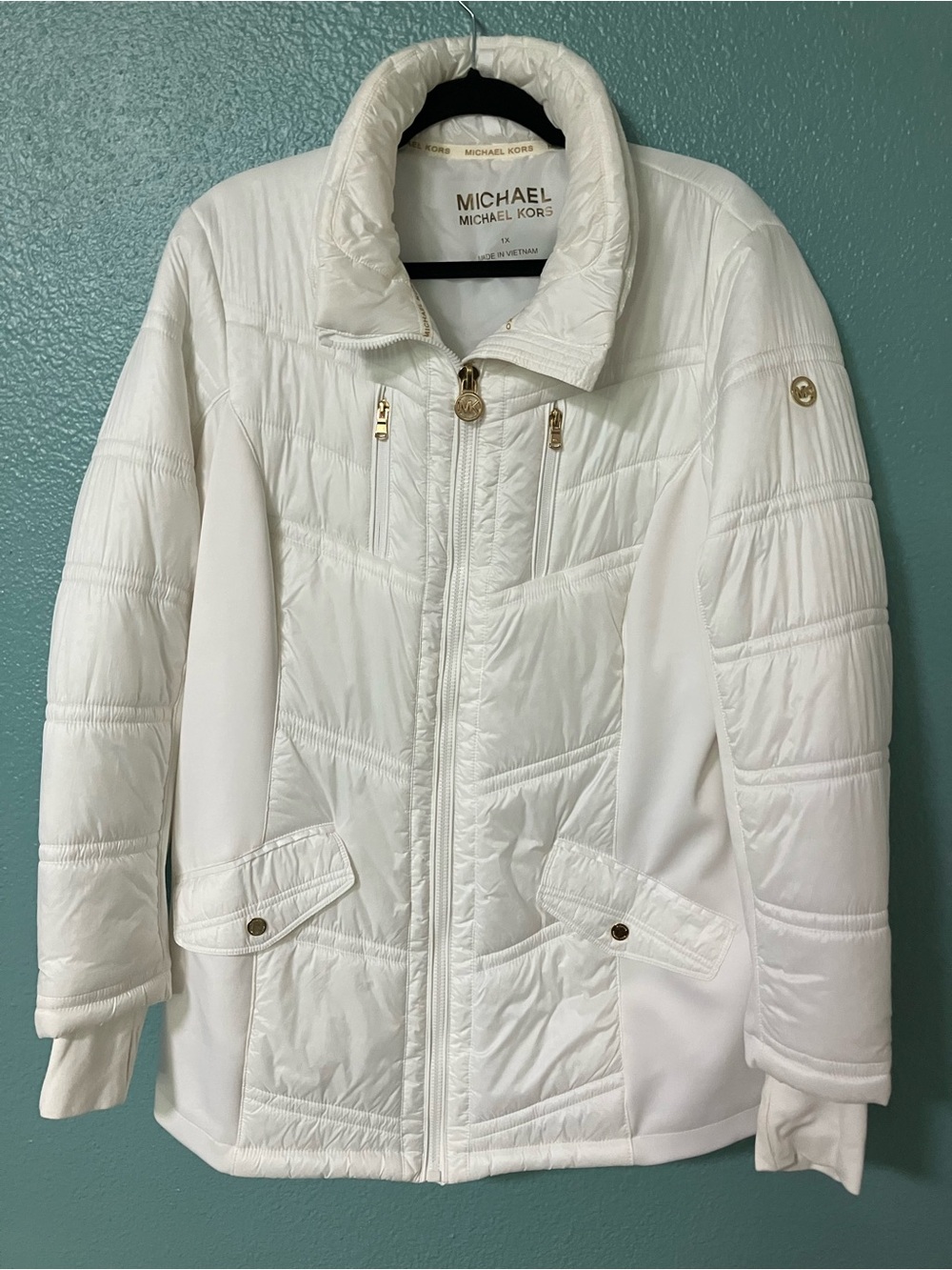 Michael Kors White Quilted Puffer Jacket with Gold Accents